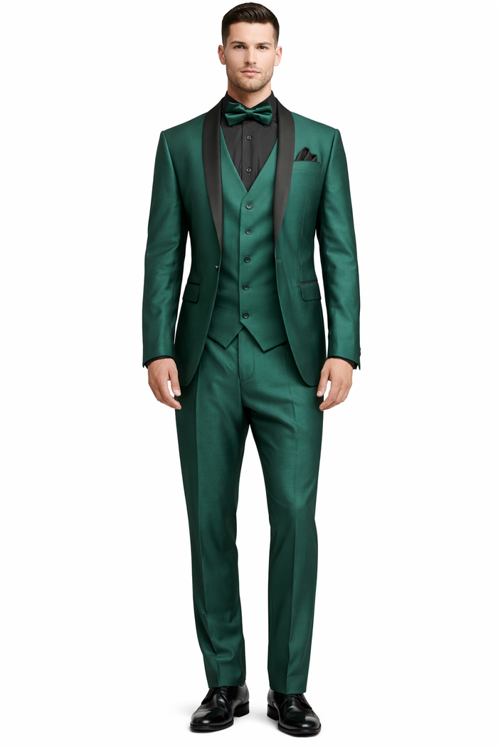 Mens Emerald Green Tuxedo with Black Satin Shawl Lapel – 3 Piece Formal Suit with Vest