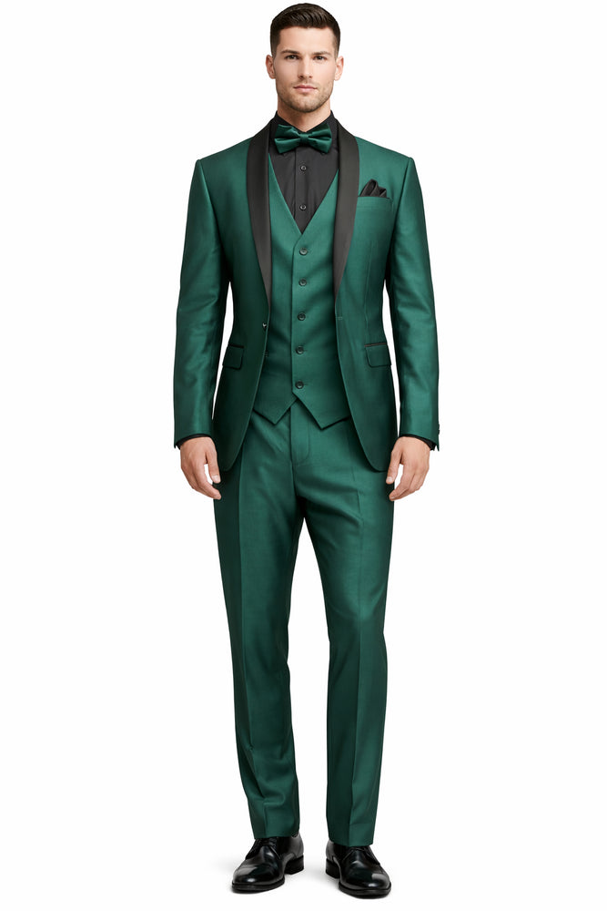 Mens Emerald Green Tuxedo with Black Satin Shawl Lapel – 3 Piece Formal Suit with Vest