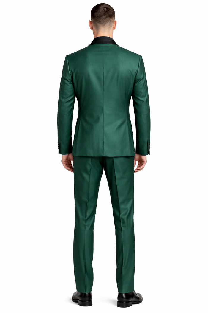 Mens Emerald Green Tuxedo with Black Satin Shawl Lapel – 3 Piece Formal Suit with Vest