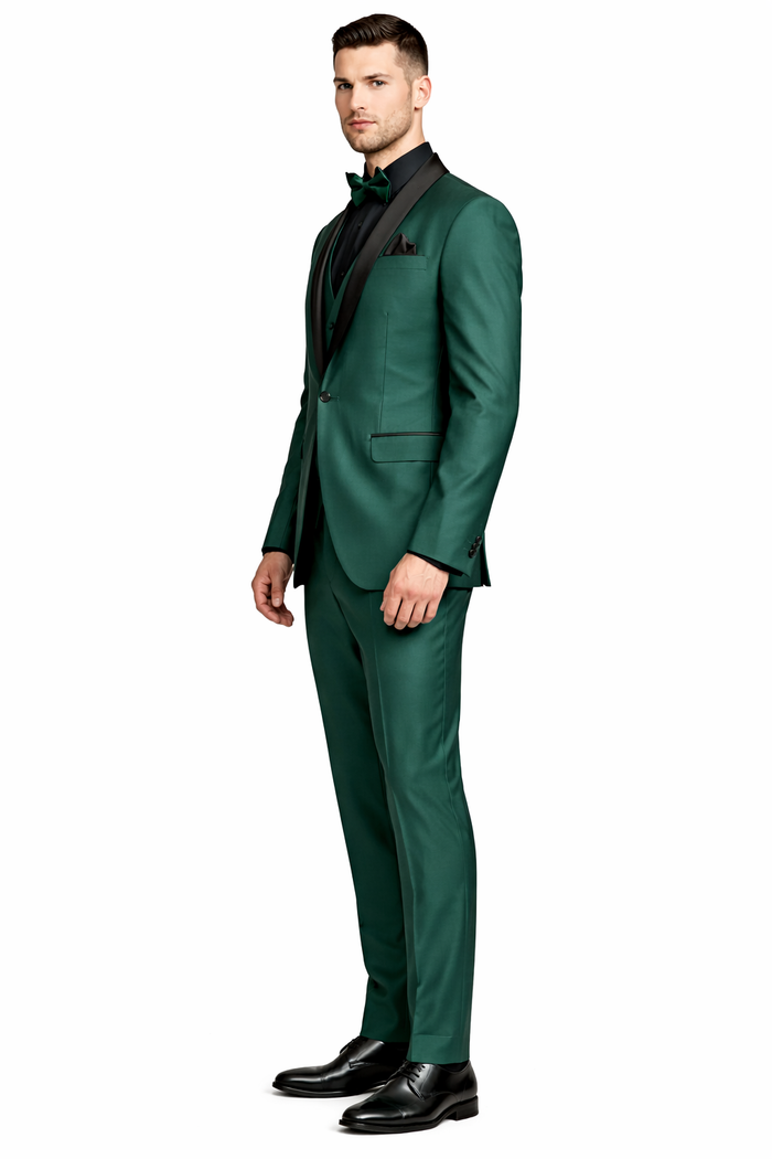 Mens Emerald Green Tuxedo with Black Satin Shawl Lapel – 3 Piece Formal Suit with Vest