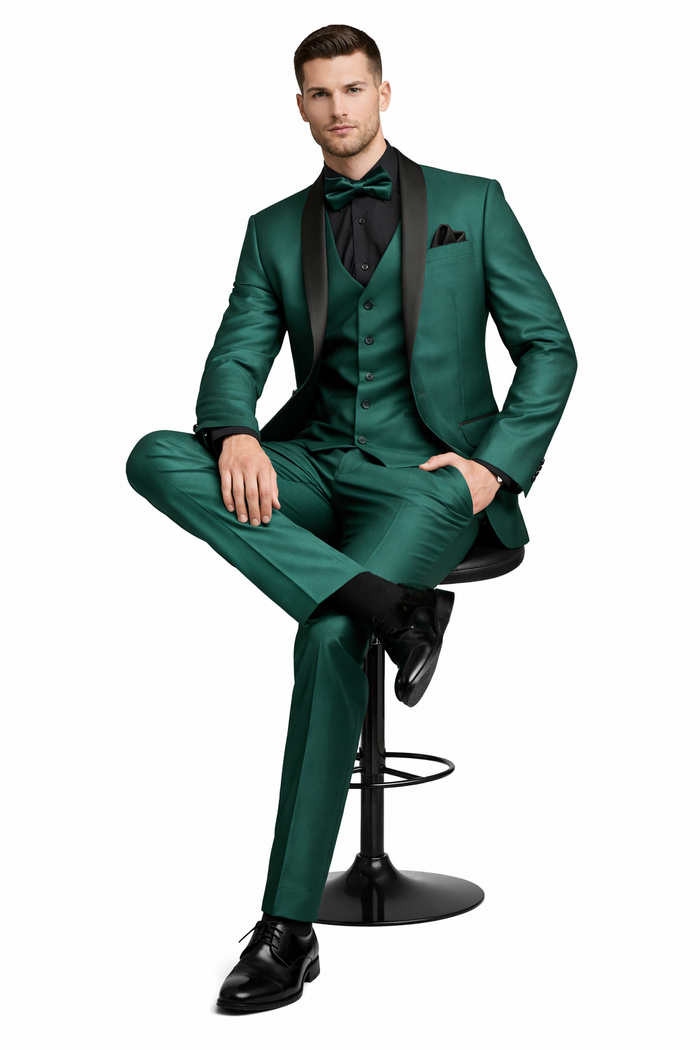 Mens Emerald Green Tuxedo with Black Satin Shawl Lapel – 3 Piece Formal Suit with Vest