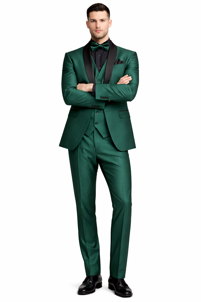 Mens Emerald Green Tuxedo with Black Satin Shawl Lapel – 3 Piece Formal Suit with Vest