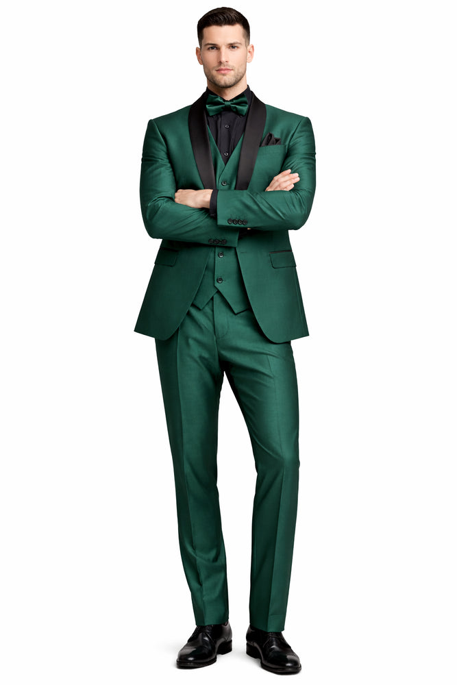 Mens Emerald Green Tuxedo with Black Satin Shawl Lapel – 3 Piece Formal Suit with Vest