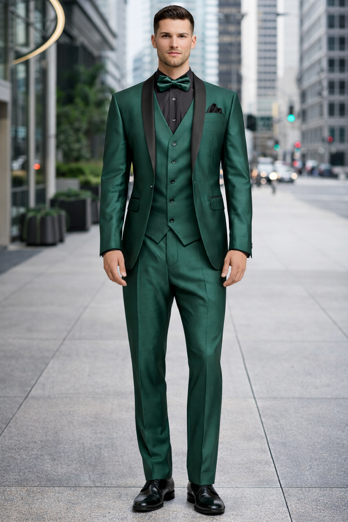 Mens Emerald Green Tuxedo with Black Satin Shawl Lapel – 3 Piece Formal Suit with Vest