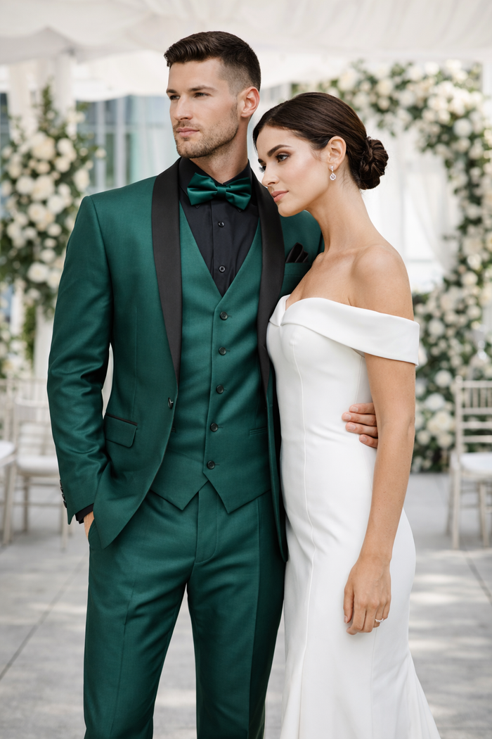 Mens Emerald Green Tuxedo with Black Satin Shawl Lapel – 3 Piece Formal Suit with Vest