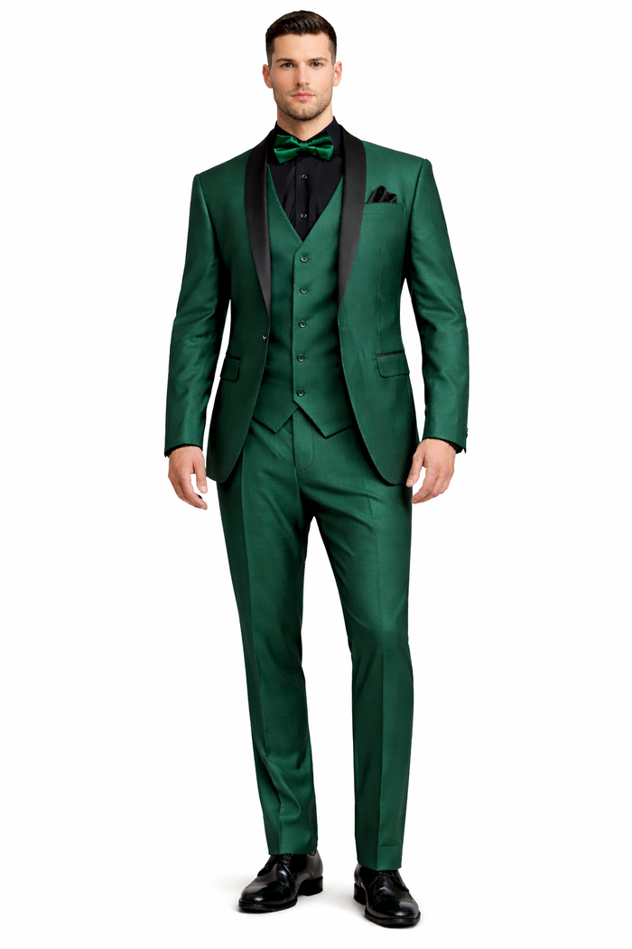 Mens Emerald Green Tuxedo with Black Satin Shawl Lapel – 3 Piece Formal Suit with Vest