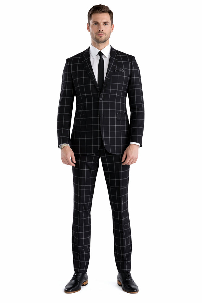 Mens Plaid Suit - Black Windowpane Suit - 1920 Suits