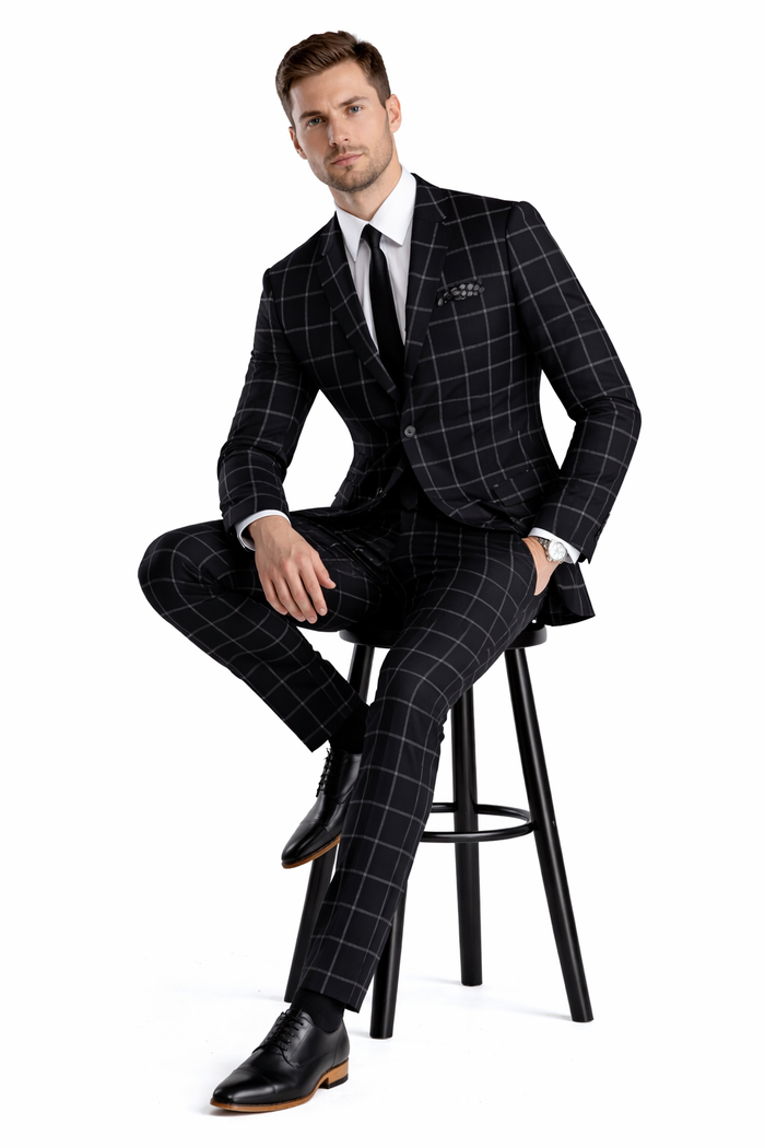 Mens Plaid Suit - Black Windowpane Suit - 1920 Suits