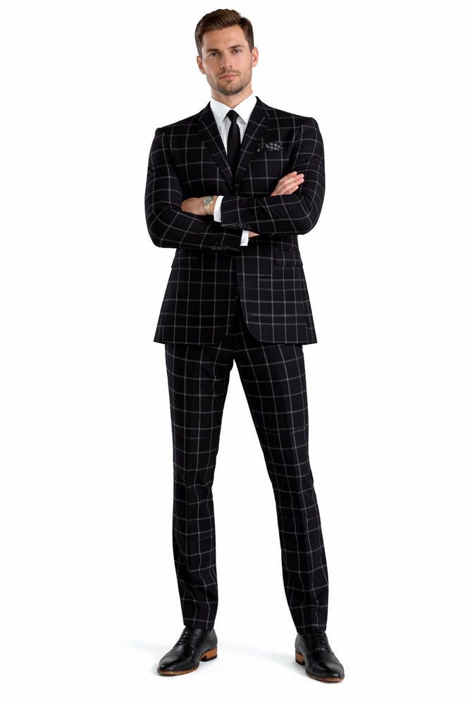 Mens Plaid Suit - Black Windowpane Suit - 1920 Suits
