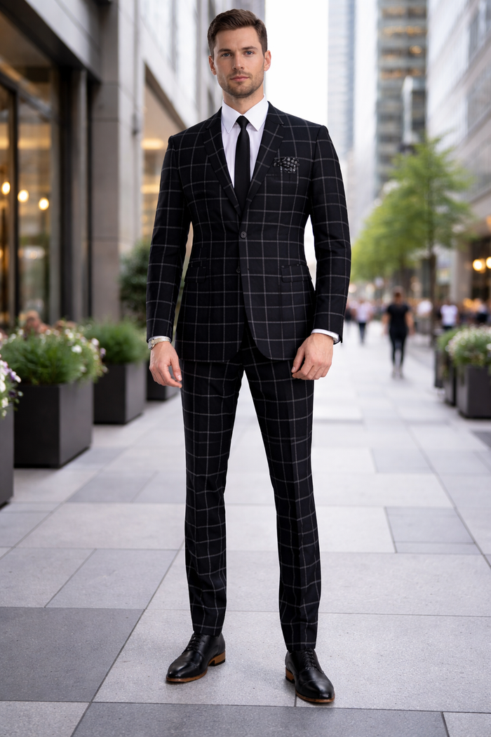 Mens Plaid Suit - Black Windowpane Suit - 1920 Suits
