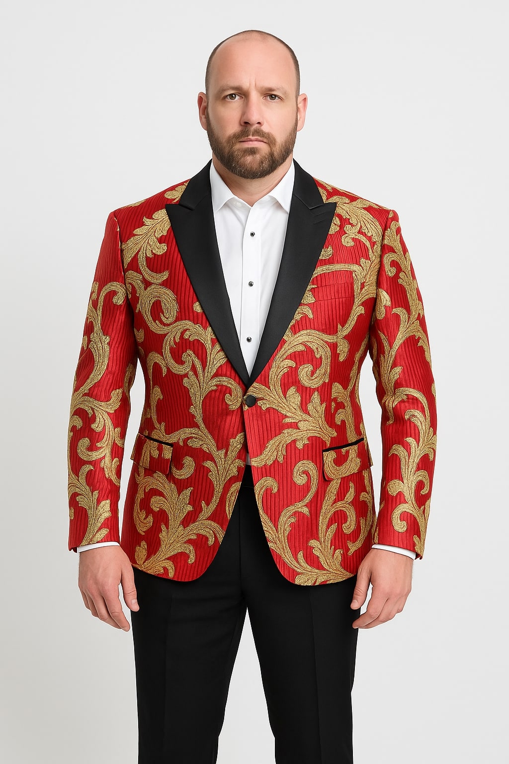 Men's Red ~ Black One Chest Pocket Four Button Cuff Floral Tuxedo - Red Tuxedo