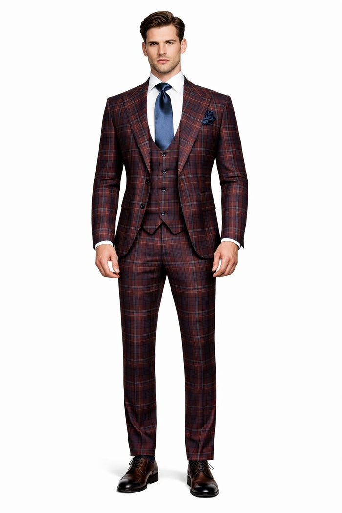 Mens Rossiman Burgundy Plaid 3-Piece Vested Suit – Modern Tailored Fit