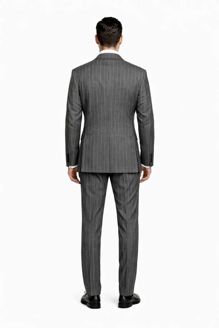 Mens Rossiman Grey Pinstripe Double Breasted Suit – Modern 6-Button Power Suit
