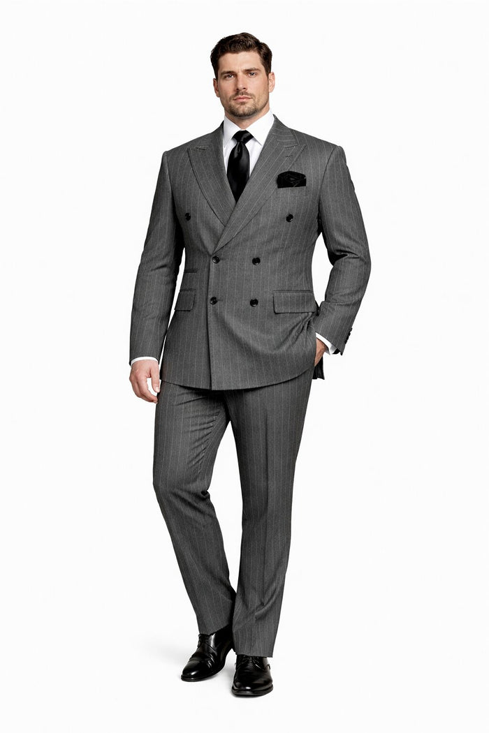 Mens Rossiman Grey Pinstripe Double Breasted Suit – Modern 6-Button Power Suit