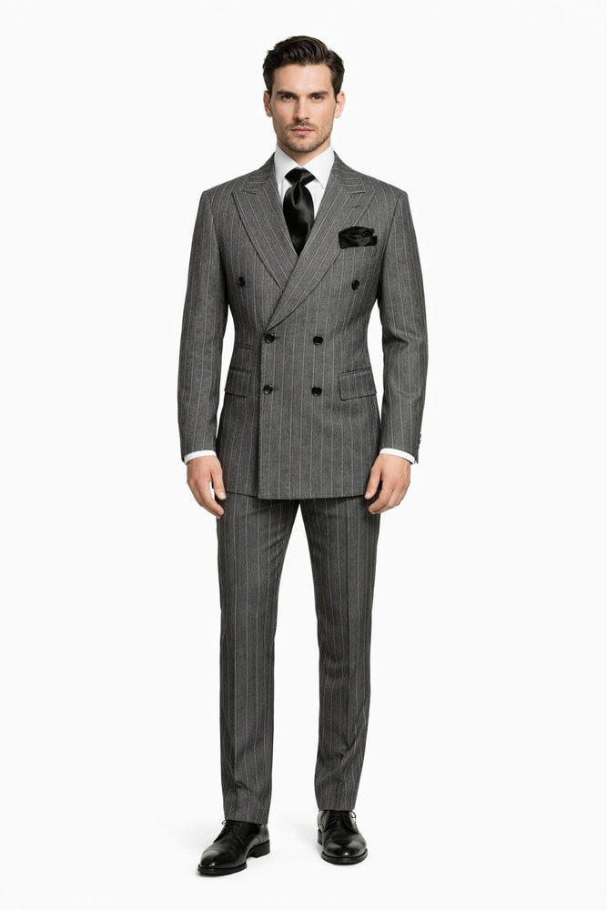 Mens Rossiman Grey Pinstripe Double Breasted Suit – Modern 6-Button Power Suit