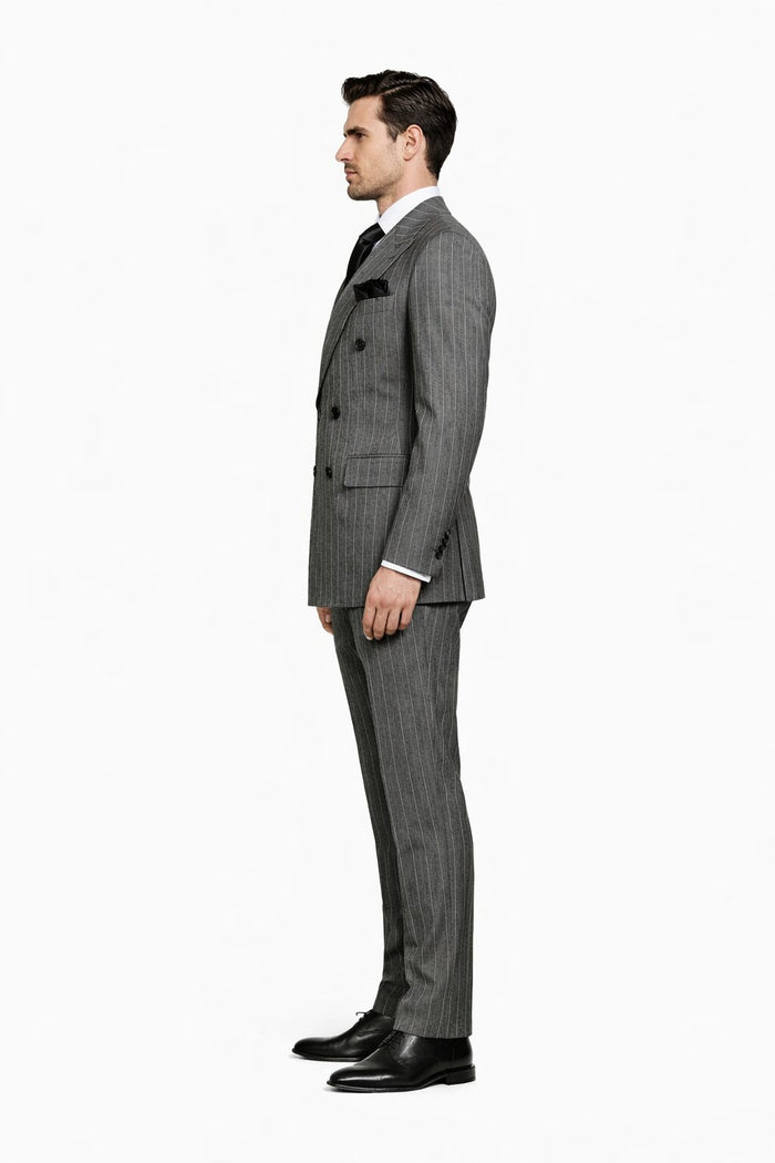 Mens Rossiman Grey Pinstripe Double Breasted Suit – Modern 6-Button Power Suit