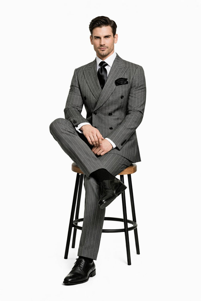 Mens Rossiman Grey Pinstripe Double Breasted Suit – Modern 6-Button Power Suit