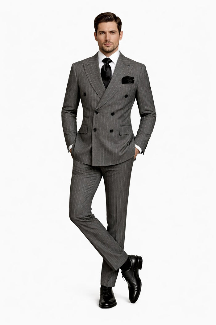 Mens Rossiman Grey Pinstripe Double Breasted Suit – Modern 6-Button Power Suit