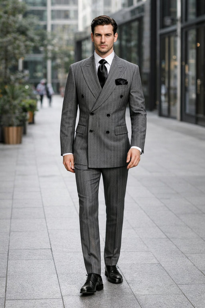 Mens Rossiman Grey Pinstripe Double Breasted Suit – Modern 6-Button Power Suit