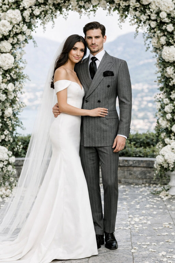 Mens Rossiman Grey Pinstripe Double Breasted Suit – Modern 6-Button Power Suit