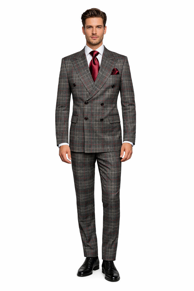 Mens Rossiman Grey Plaid Double Breasted Suit – Modern 6-Button Tailored Fit