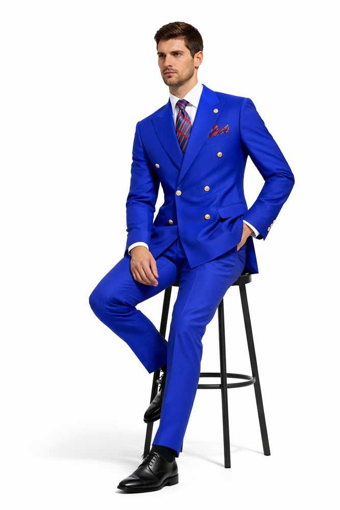 Mens Royal Blue Double Breasted Suit - 100% Suit