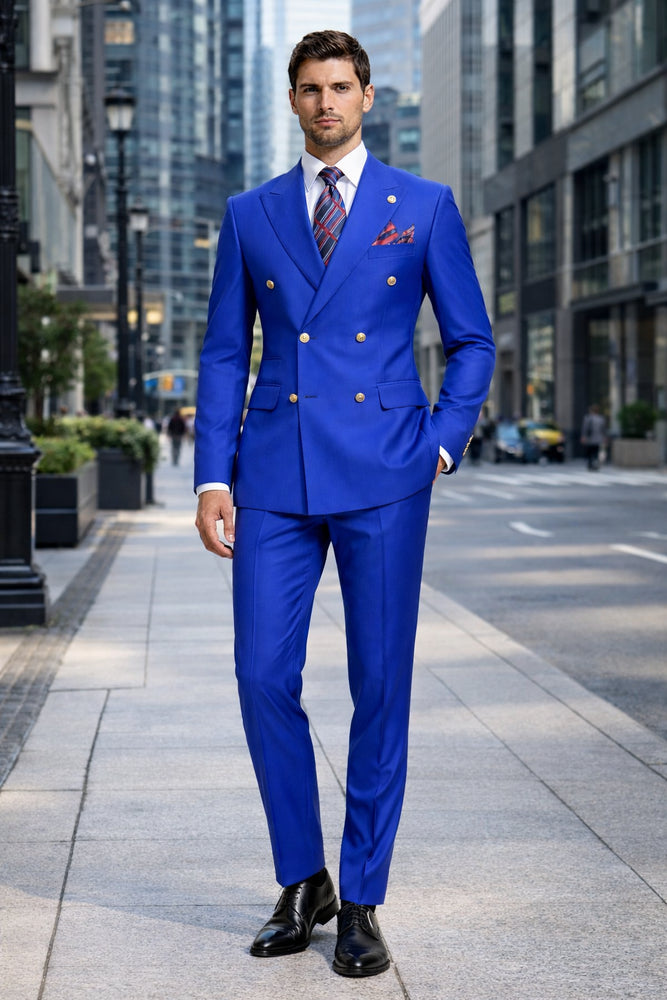 Mens Royal Blue Double Breasted Suit - 100% Suit