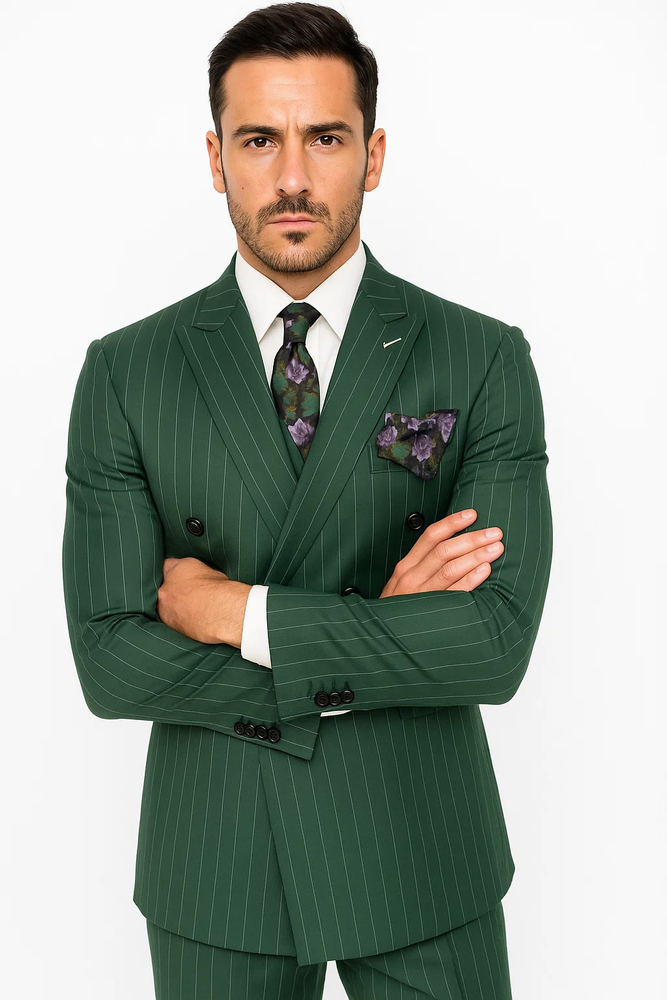 Mens Six Button Peak Lapel Double Breasted Green Suit
