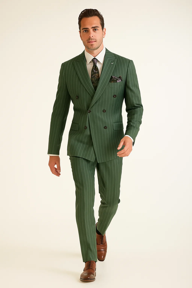 Mens Six Button Peak Lapel Double Breasted Green Suit