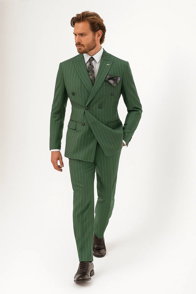 Mens Six Button Peak Lapel Double Breasted Green Suit