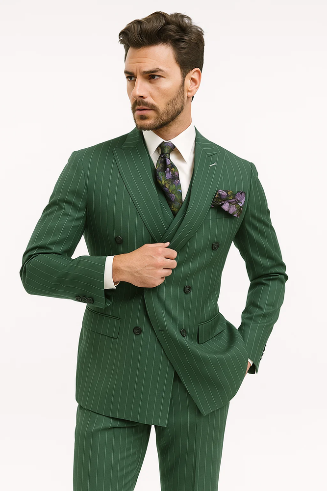 Mens Six Button Peak Lapel Double Breasted Green Suit