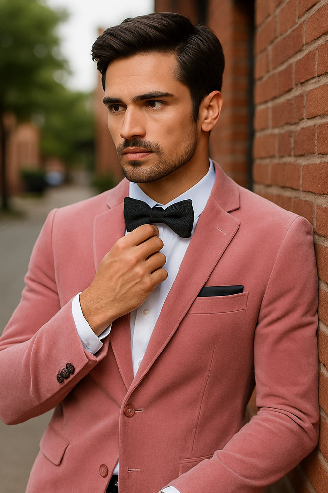 model-wearing-pink-velvet-dinner-jacket-with-bow-tie