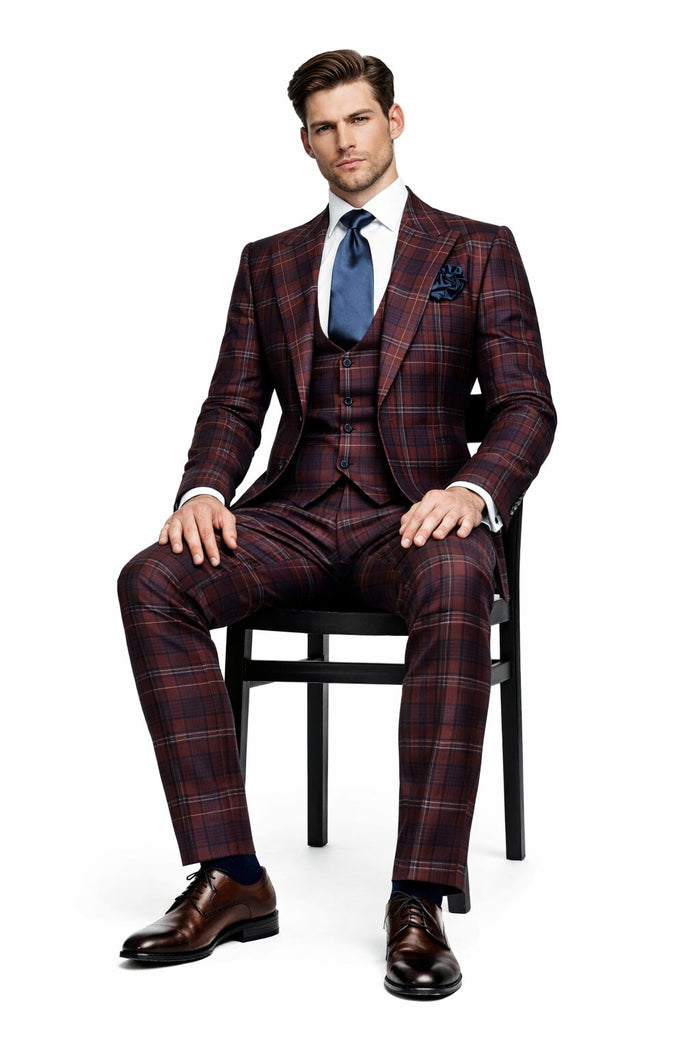 Mens Rossiman Burgundy Plaid 3-Piece Vested Suit – Modern Tailored Fit