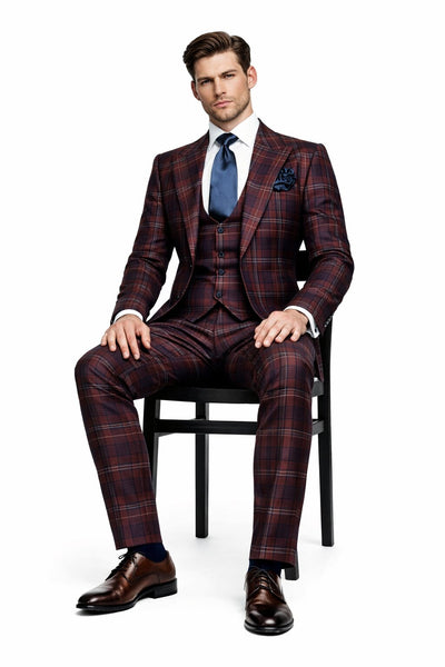 Mens Rossiman Burgundy Plaid 3-Piece Vested Suit – Modern Tailored Fit