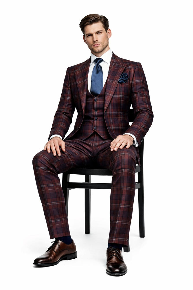 Mens Rossiman Burgundy Plaid 3-Piece Vested Suit – Modern Tailored Fit