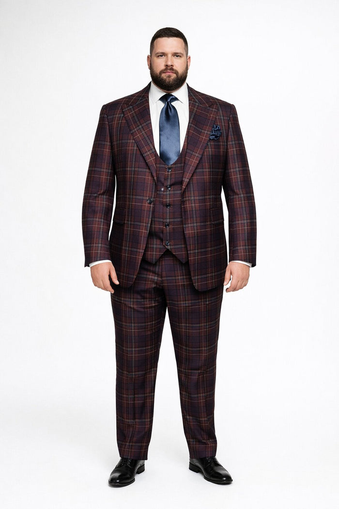 Mens Rossiman Burgundy Plaid 3-Piece Vested Suit – Modern Tailored Fit