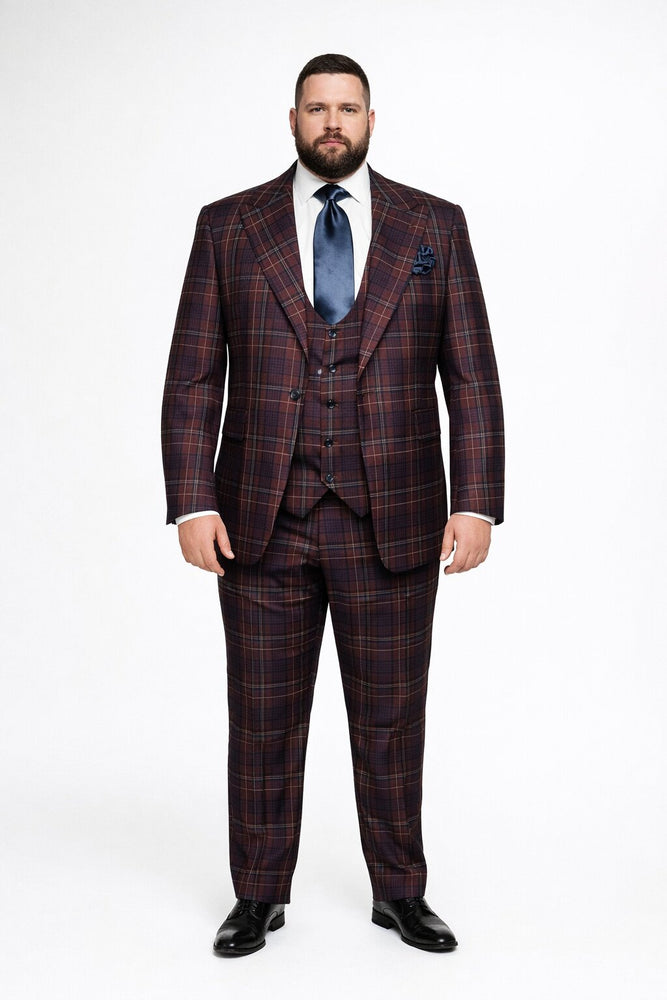 Mens Rossiman Burgundy Plaid 3-Piece Vested Suit – Modern Tailored Fit