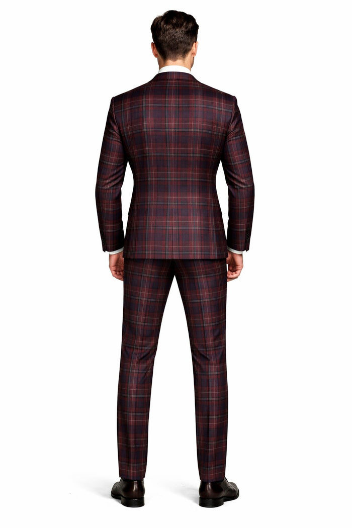 Mens Rossiman Burgundy Plaid 3-Piece Vested Suit – Modern Tailored Fit