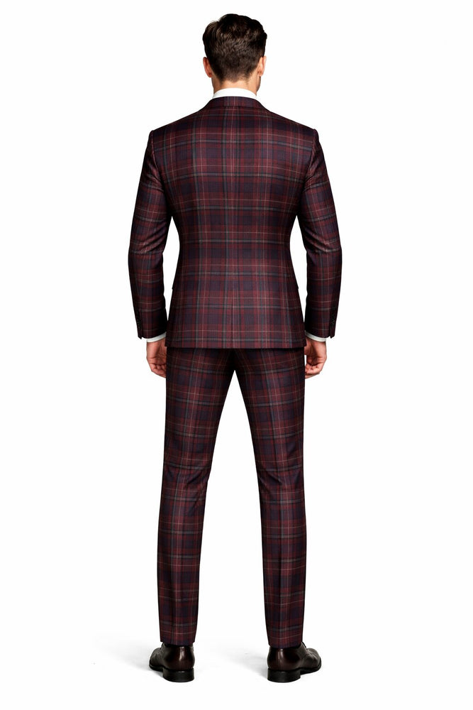 Mens Rossiman Burgundy Plaid 3-Piece Vested Suit – Modern Tailored Fit