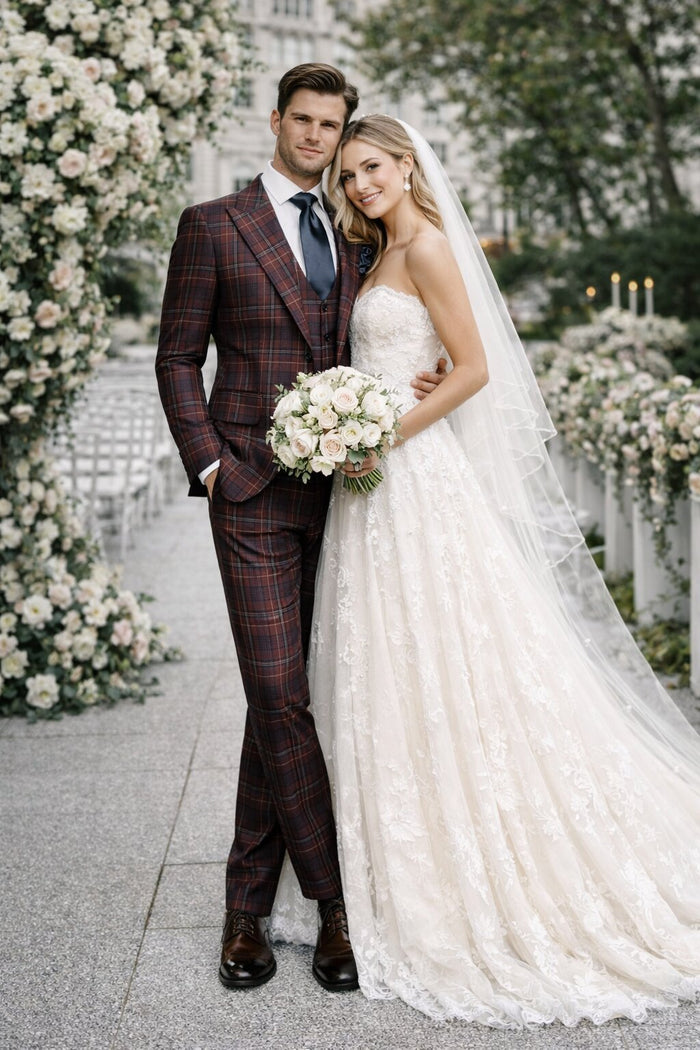 Mens Rossiman Burgundy Plaid 3-Piece Vested Suit – Modern Tailored Fit