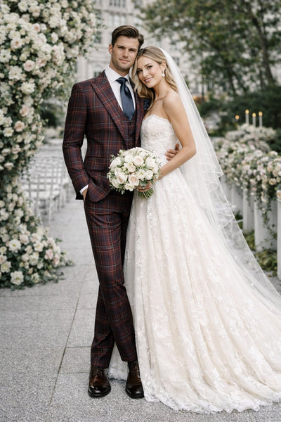 Mens Rossiman Burgundy Plaid 3-Piece Vested Suit – Modern Tailored Fit