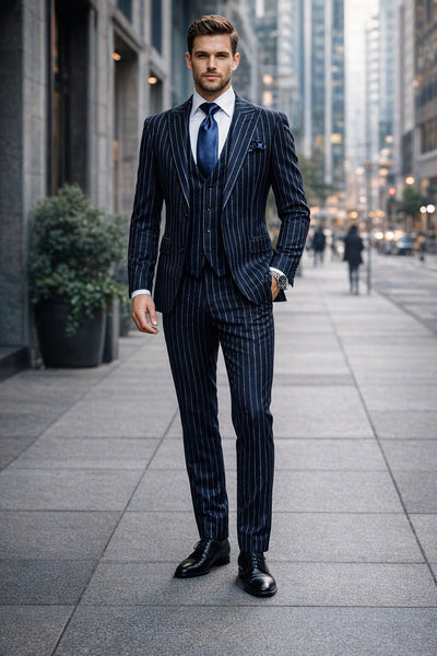 Rossiman Chancellor Navy Pinstripe 3-Piece Prestige Suit