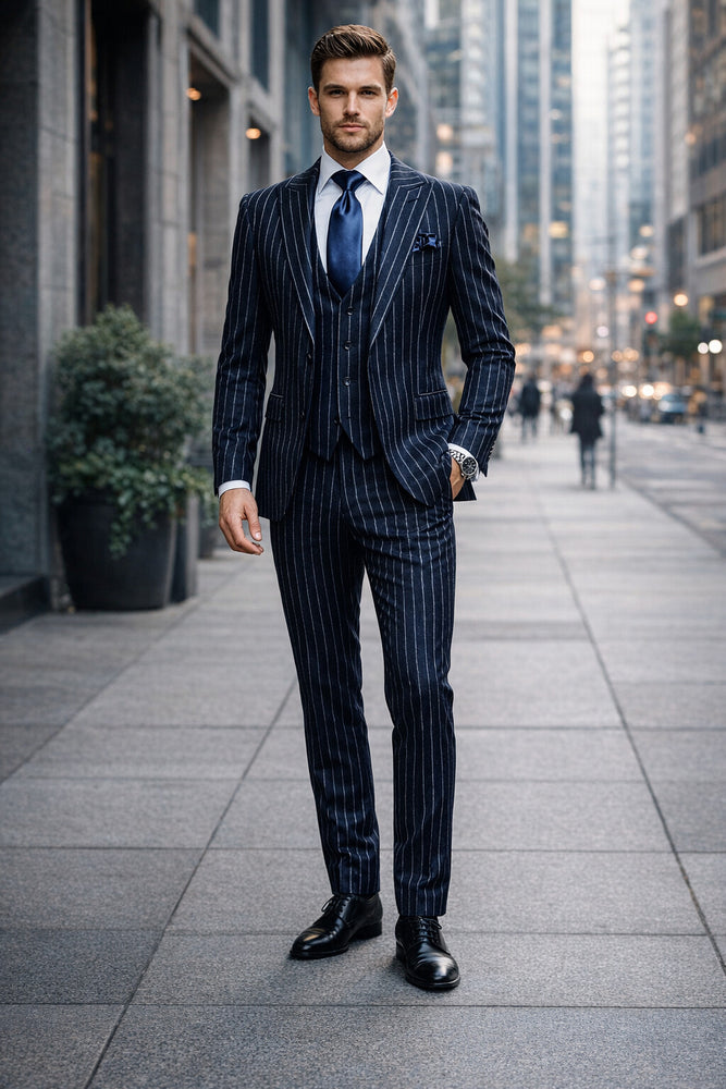 Rossiman Chancellor Navy Pinstripe 3-Piece Prestige Suit