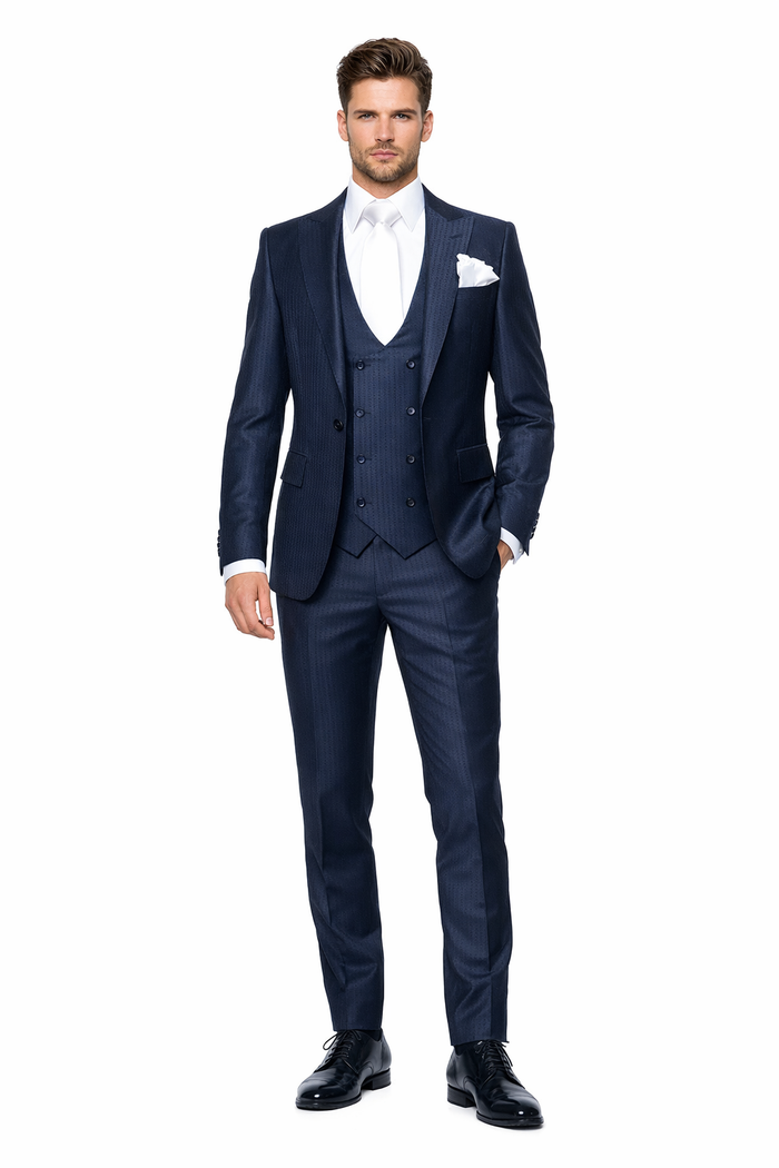 Midnight Navy Textured 3-Piece Luxury Gala Suit with White Accents by Rossiman