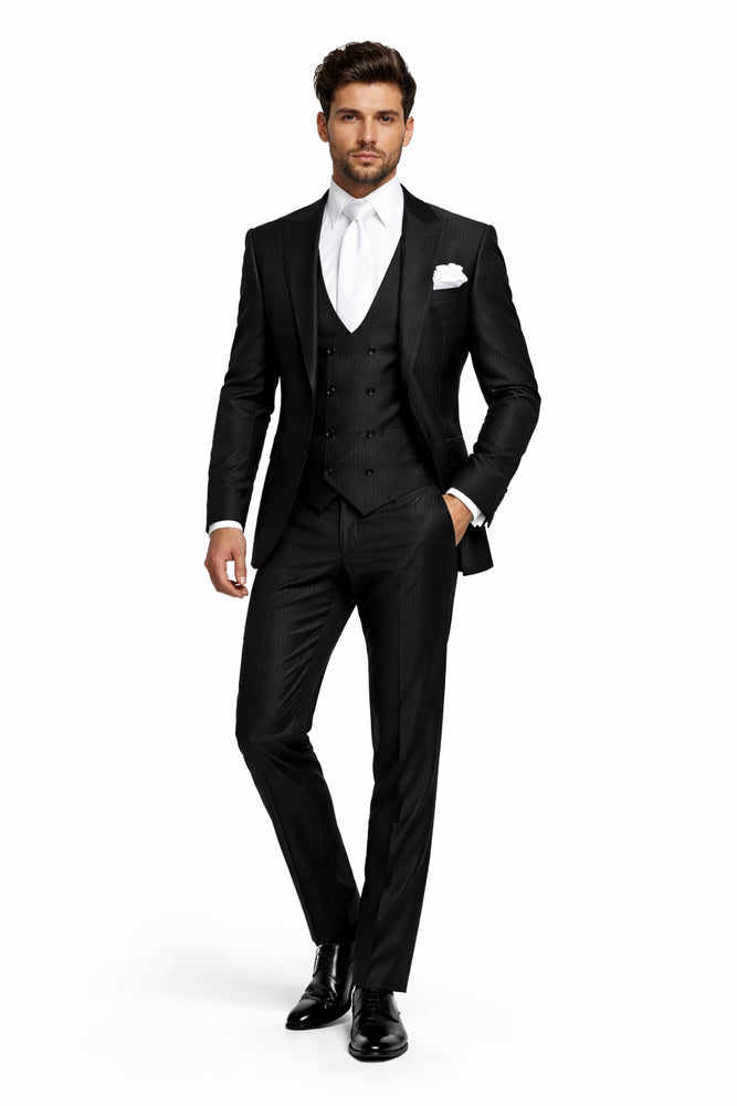 Midnight Onyx Textured 3-Piece Gala Suit with White Accents