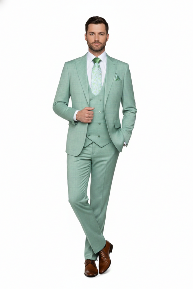 Mint Sage Windowpane 3-Piece Luxury Wedding Suit with Green Paisley Accents