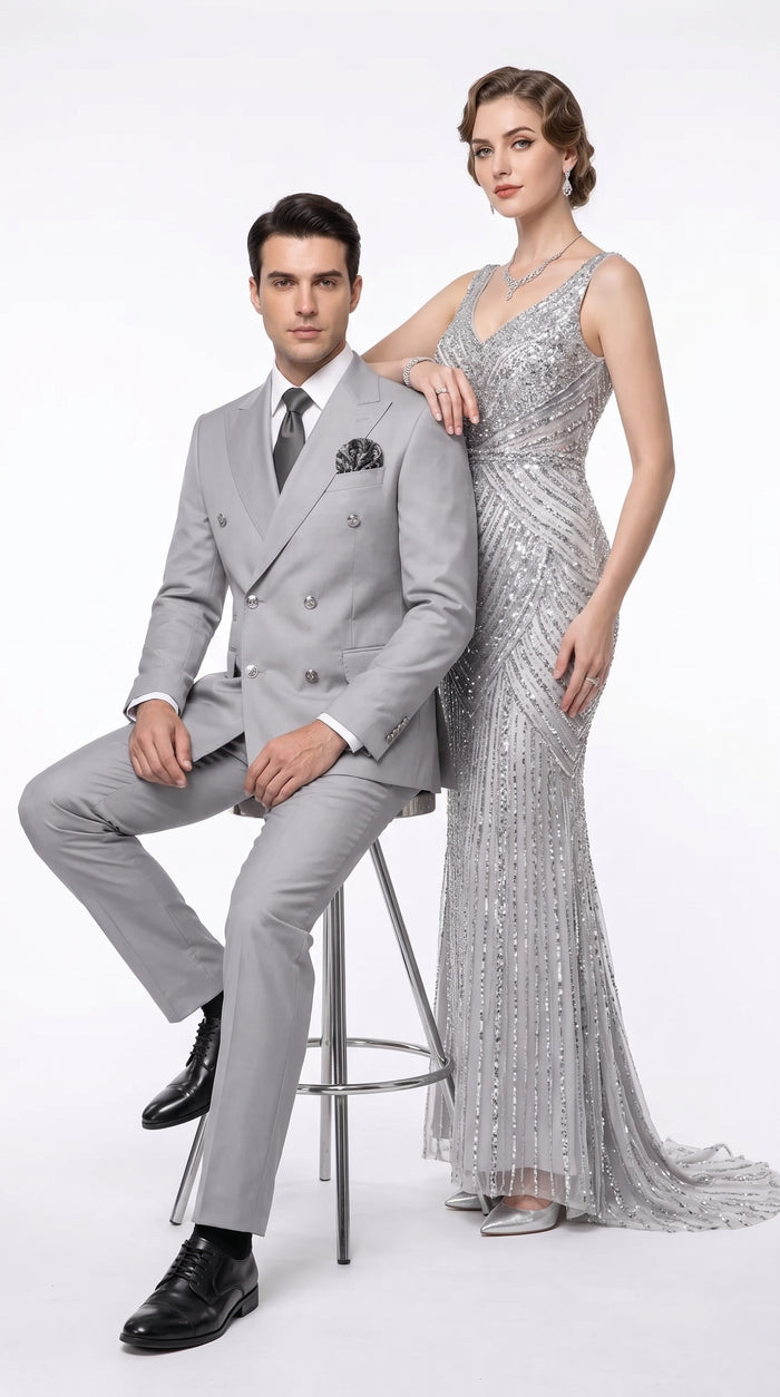 Rossi Man Men’s Silver Double-Breasted Suit – Modern Fit Wedding, Prom and Formal 2-Piece Suit
