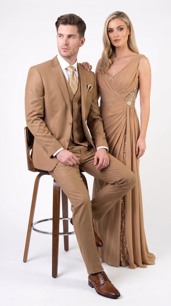 Men’s Camel Vested Suit, 3 Piece Formal Wedding Business Dress Suit