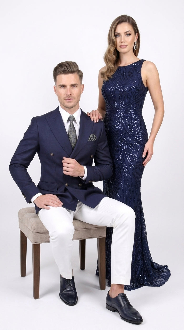 Men’s Navy Blue Double Breasted Blazer, Formal Sport Coat with Gold Buttons