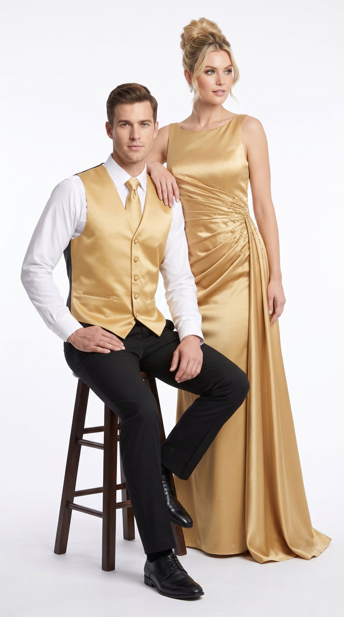 Men’s Gold Tuxedo Vest and Tie Set, Formal Wedding Waistcoat with Neck Tie